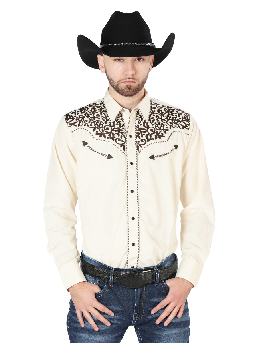 Camisa Vaquera de Hombre El Señor de los Cielos Manga Larga Bordada Casual en 65% Poliéster 35% Algodón Color Beige/Negro 44193