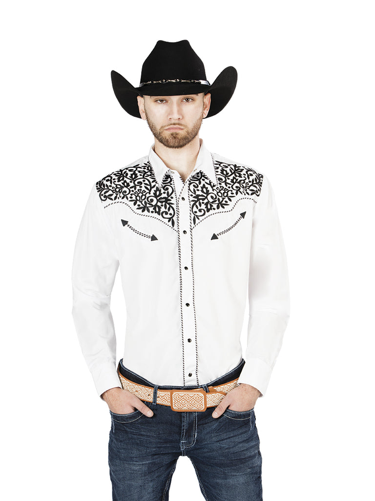 Camisa Vaquera de Hombre El Señor de los Cielos Manga Larga Bordada Casual en 65% Poliéster 35% Algodón Color Blanco/Negro 44194