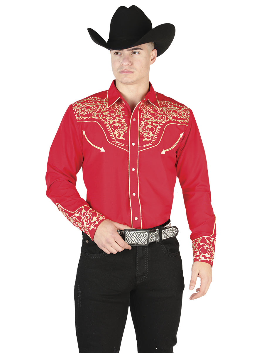Camisa Vaquera de Hombre El Señor de los Cielos Manga Larga Bordada Casual en 65% Poliéster 35% Algodón Color Rojo/Dorado 44197