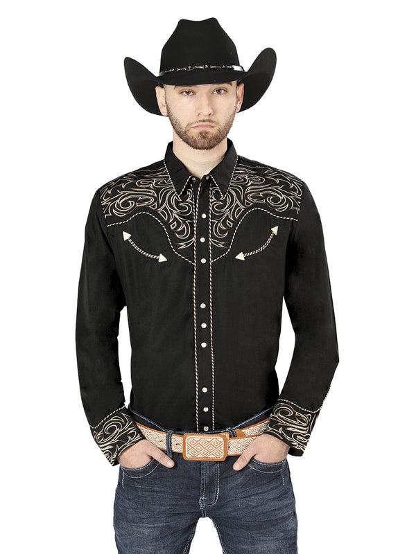 Camisa Vaquera de Hombre El Señor de los Cielos Manga Larga Bordada Casual en 65% Poliéster 35% Algodón Color Negro/Dorado 44198