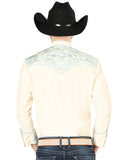 Camisa Vaquera de Hombre El Señor de los Cielos Manga Larga Bordada Casual en 65% Poliéster 35% Algodón Color Beige/Azul 44199