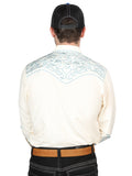Camisa Vaquera de Hombre El Señor de los Cielos Manga Larga Bordada Casual en 65% Poliéster 35% Algodón Color Beige/Azul 44199