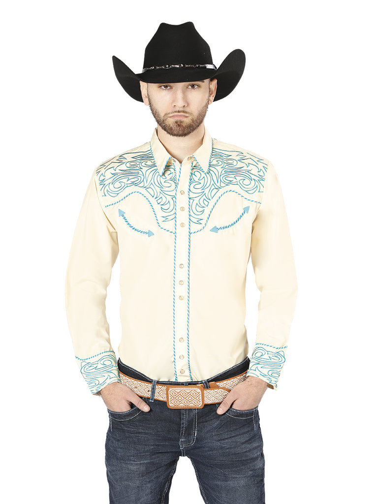 Camisa Vaquera de Hombre El Señor de los Cielos Manga Larga Bordada Casual en 65% Poliéster 35% Algodón Color Beige/Azul 44199