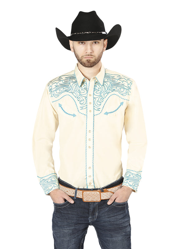 Camisa Vaquera de Hombre El Señor de los Cielos Manga Larga Bordada Casual en 65% Poliéster 35% Algodón Color Beige/Azul 44199