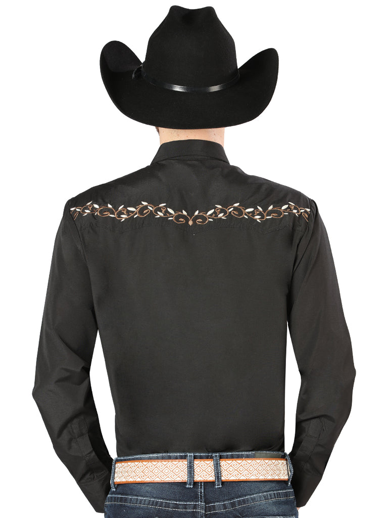 Camisa Vaquera de Hombre El Señor de los Cielos Manga Larga Bordada Casual en 65% Poliéster 35% Algodón Color Negro/Dorado 44200