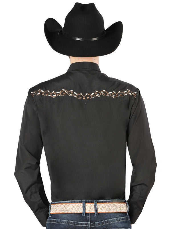 Camisa Vaquera de Hombre El Señor de los Cielos Manga Larga Bordada Casual en 65% Poliéster 35% Algodón Color Negro/Dorado 44200