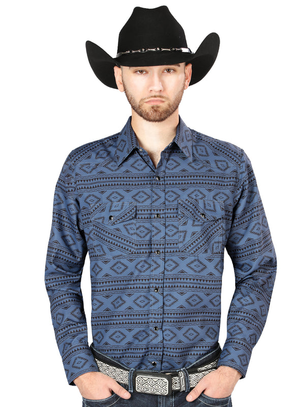 Camisa Vaquera de Hombre El Señor de los Cielos Manga Larga Broche Casual en 65% Poliéster 35% Algodón Color Azul Marino 44204