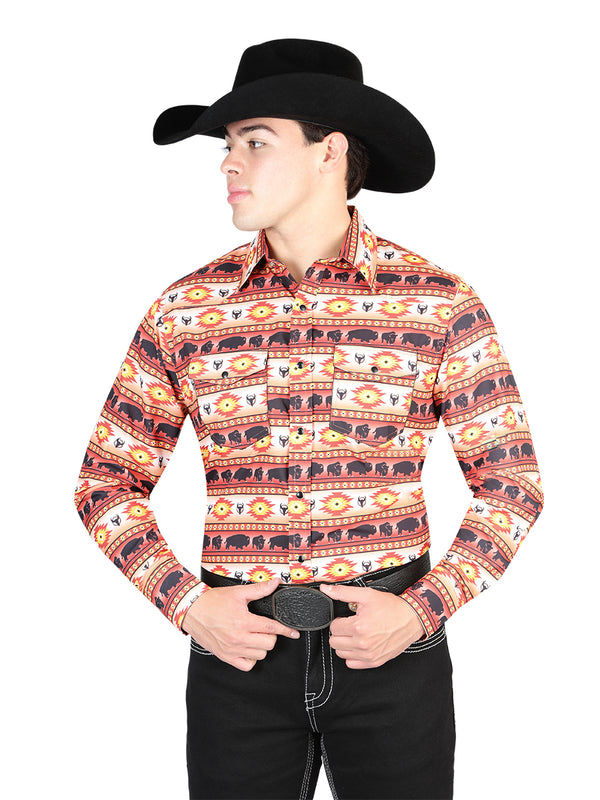 Camisa Vaquera de Hombre El General Manga Larga Broche Casual en 65% Poliéster 35% Algodón Color Naranja 44314