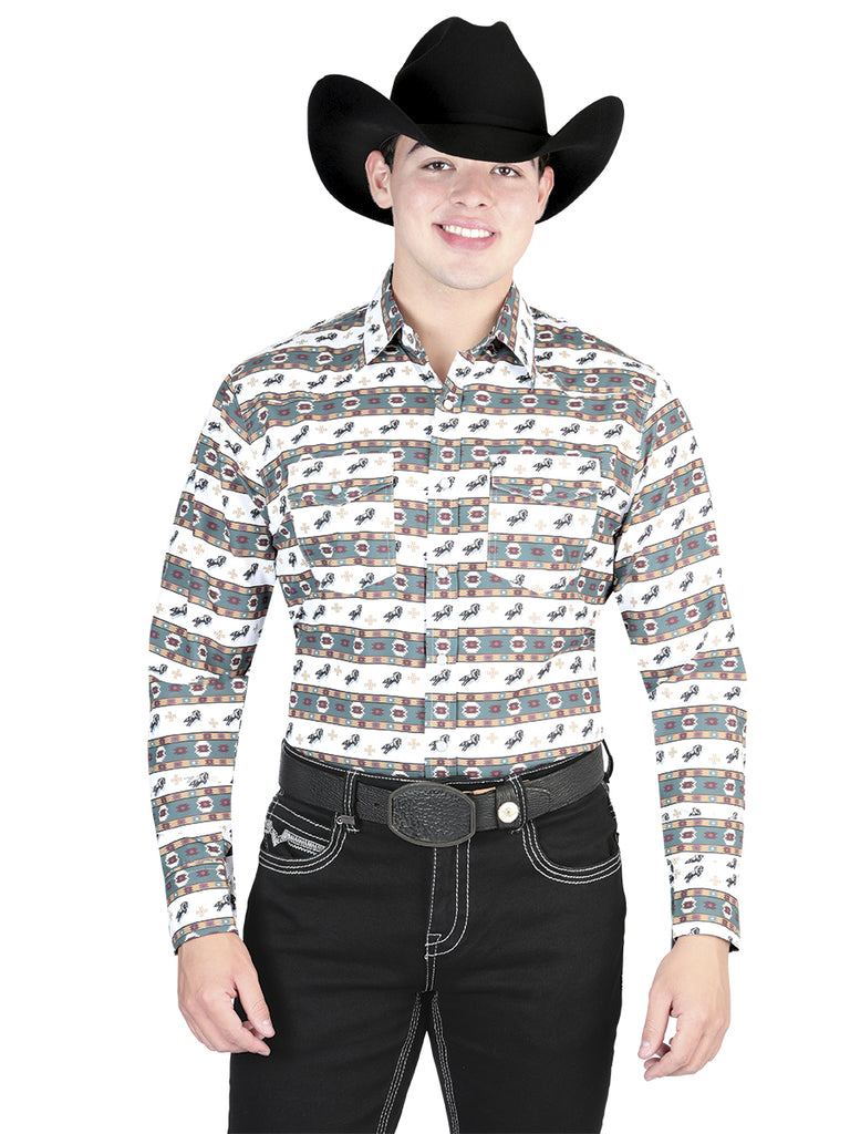Camisa Vaquera de Hombre El General Manga Larga Broche Casual en 65% Poliéster 35% Algodón Color Blanco/Verde 44322