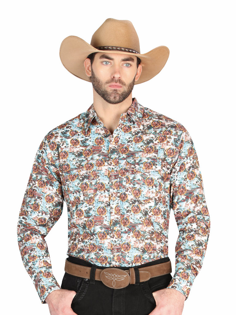 Camisa Vaquera de Hombre El General Manga Larga Broche Casual en 65% Poliéster 35% Algodón Color Café/Azul 44330