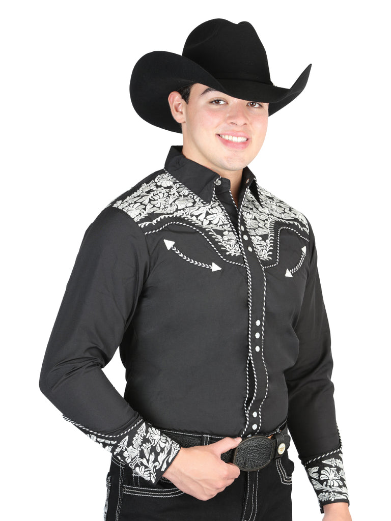 Camisa Vaquera de Hombre El Señor de los Cielos Manga Larga Bordada Casual en 65% Poliéster 35% Algodón Color Negro/Plata 44333