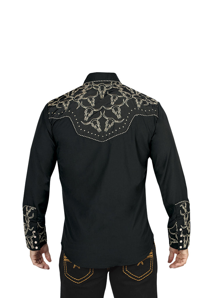 Camisa Vaquera de Hombre El Señor de los Cielos Manga Larga Bordada Casual en 65% Poliéster 35% Algodón Color Negro/Dorado 44338