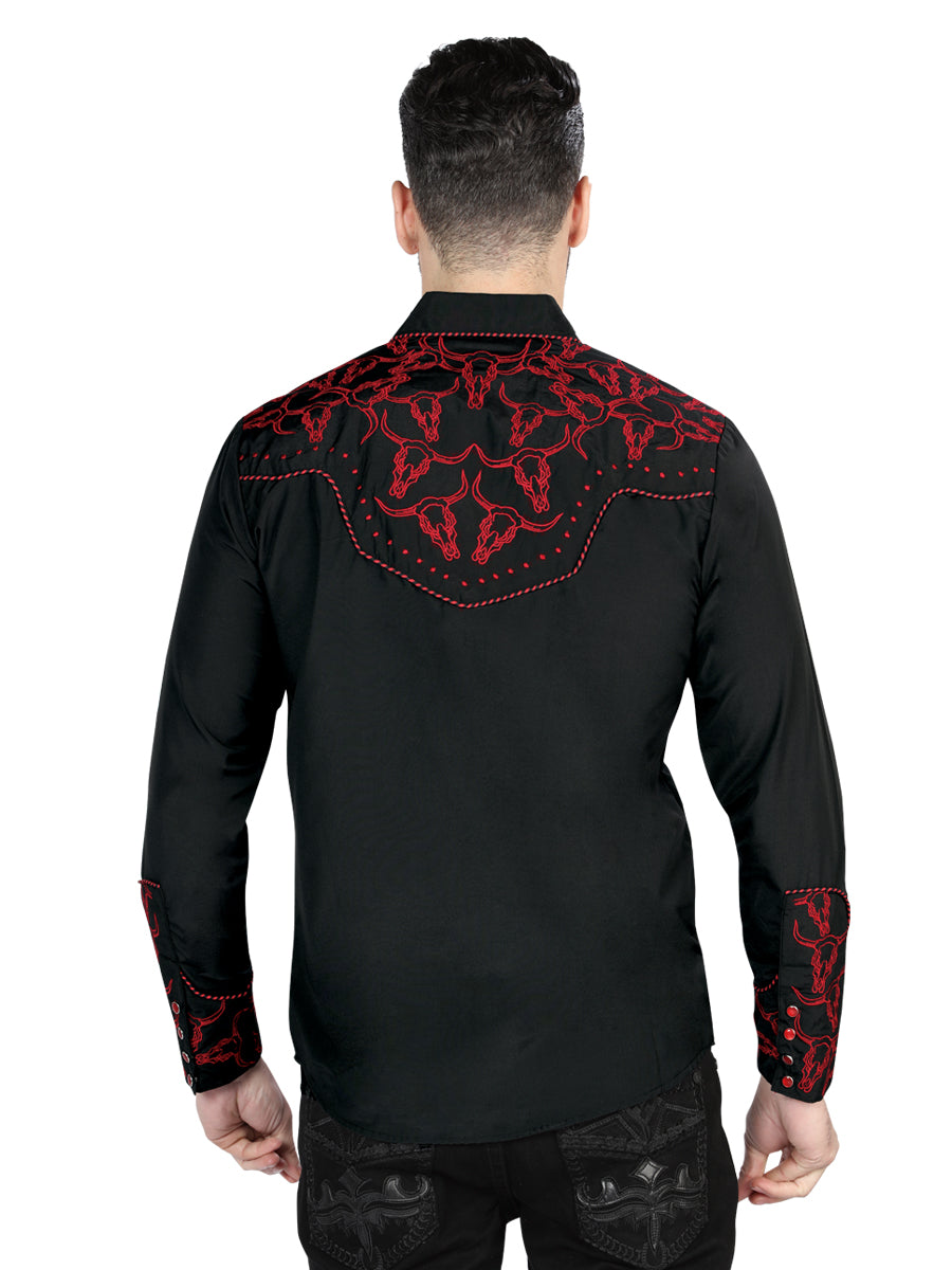 Camisa Vaquera de Hombre El Señor de los Cielos Manga Larga Bordada Casual en 65% Poliéster 35% Algodón Color Negro/Rojo 44339