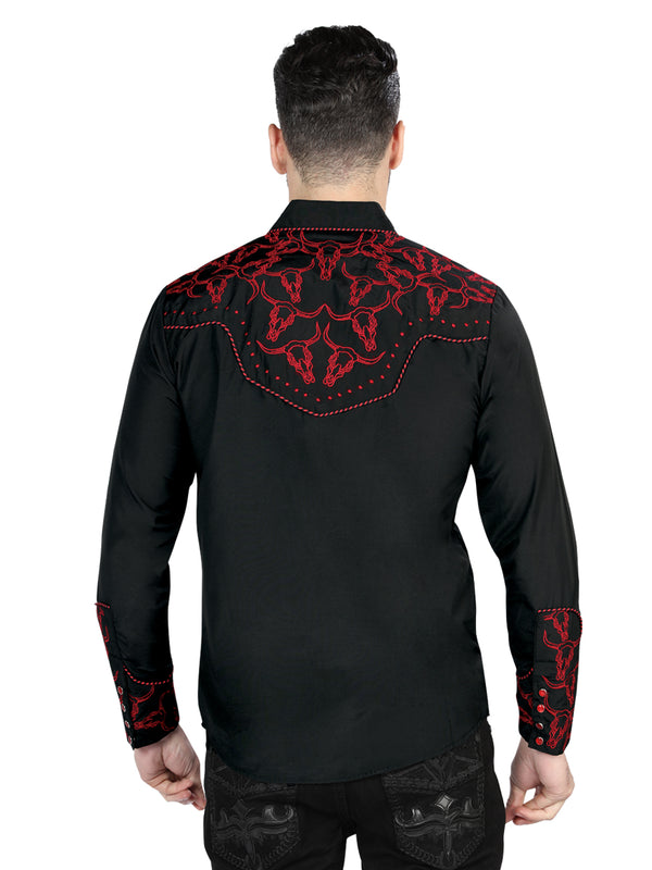Camisa Vaquera de Hombre El Señor de los Cielos Manga Larga Bordada Casual en 65% Poliéster 35% Algodón Color Negro/Rojo 44339