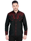 Camisa Vaquera de Hombre El Señor de los Cielos Manga Larga Bordada Casual en 65% Poliéster 35% Algodón Color Negro/Rojo 44339