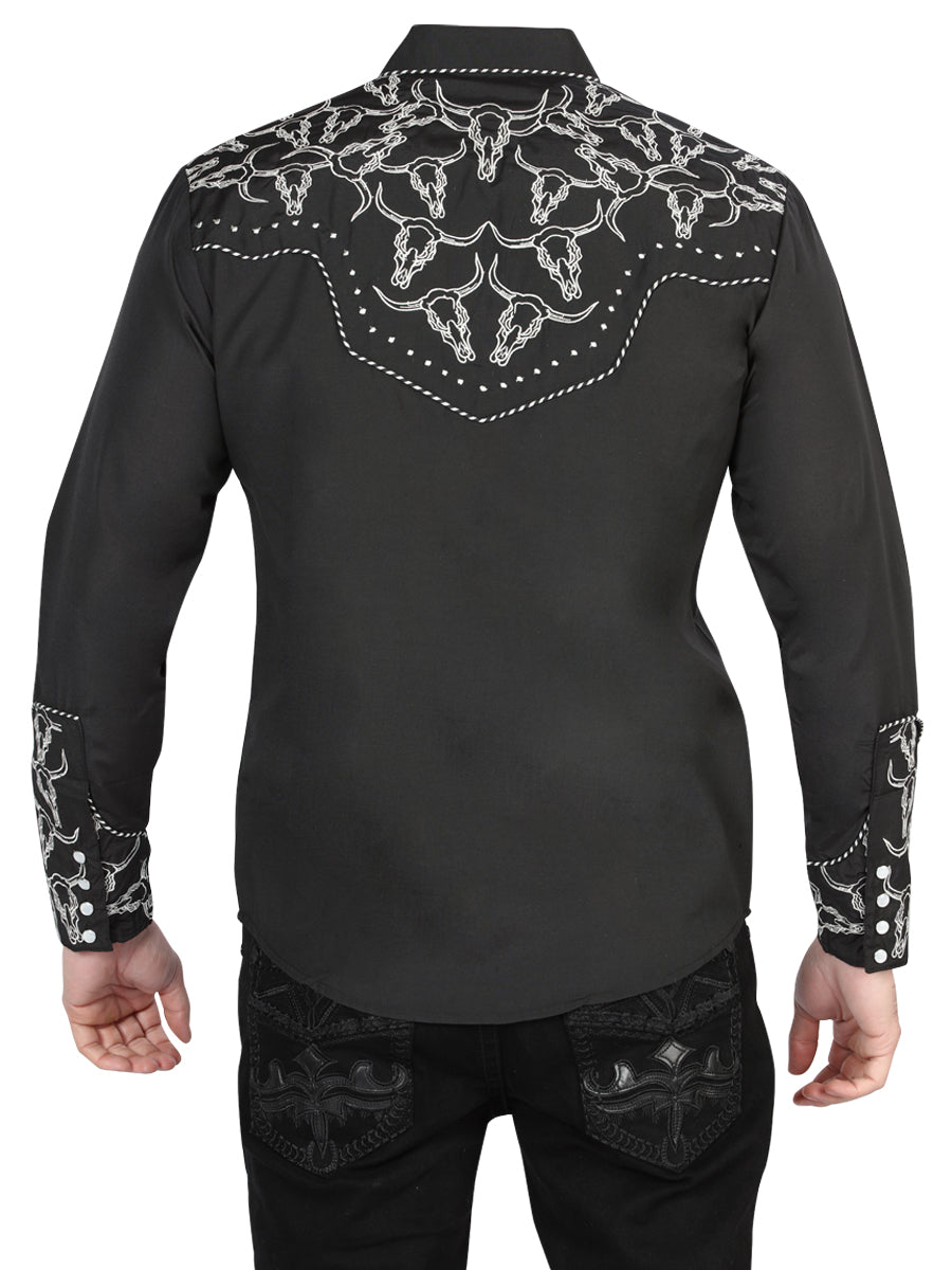 Camisa Vaquera de Hombre El Señor de los Cielos Manga Larga Bordada Casual en 65% Poliéster 35% Algodón Color Negro/Plata 44340