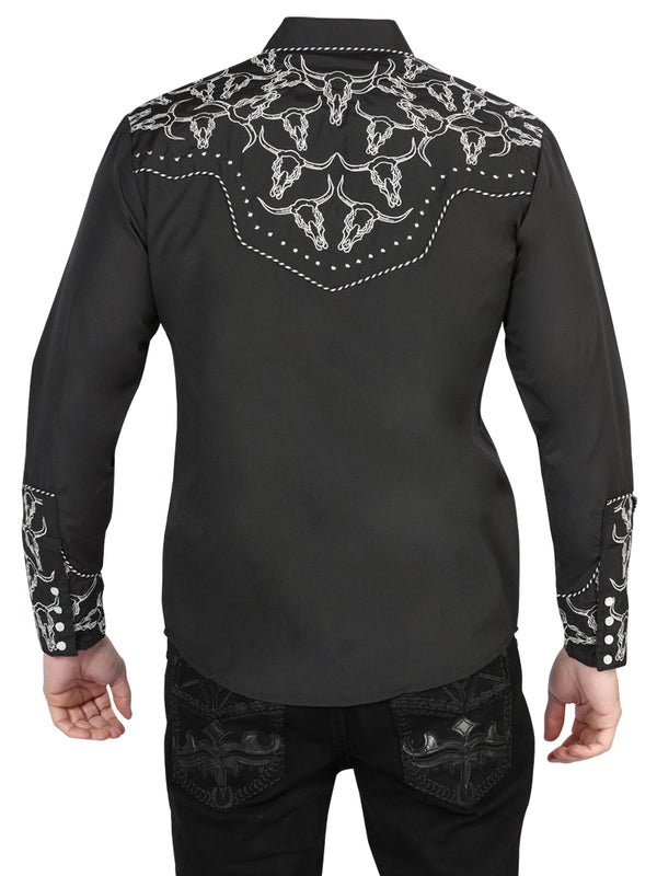 Camisa Vaquera de Hombre El Señor de los Cielos Manga Larga Bordada Casual en 65% Poliéster 35% Algodón Color Negro/Plata 44340