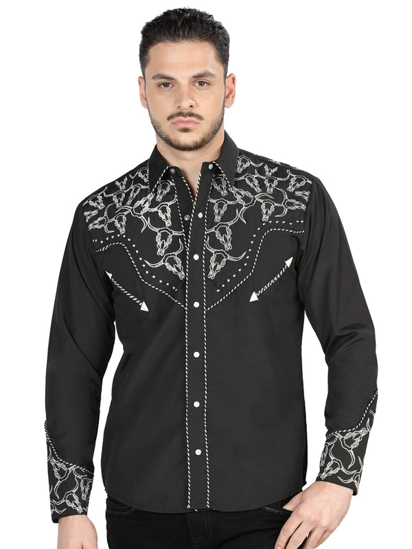 Camisa Vaquera de Hombre El Señor de los Cielos Manga Larga Bordada Casual en 65% Poliéster 35% Algodón Color Negro/Plata 44340