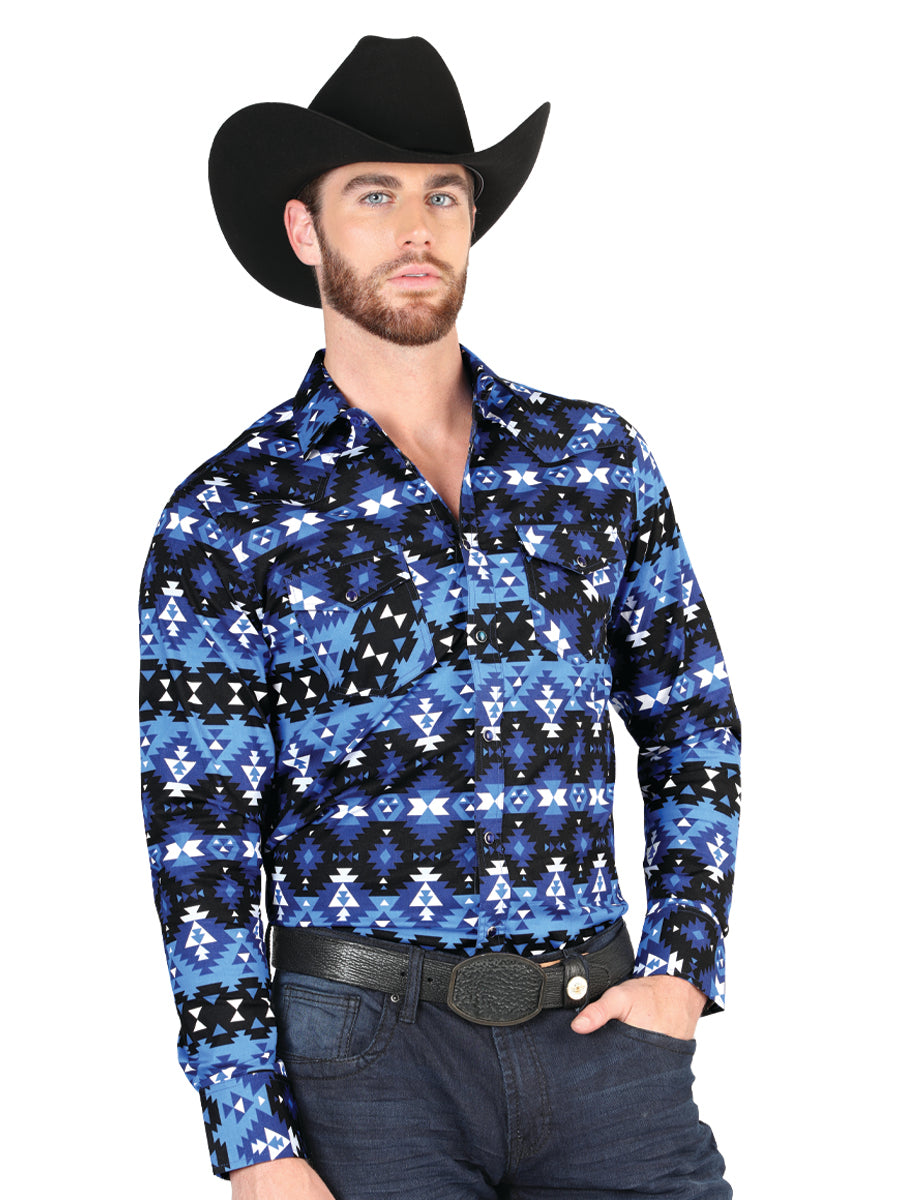 Camisa Vaquera de Hombre El Señor de los Cielos Manga Larga Broche Casual en 97% Algodón 3% Lycra Color Azul 44398