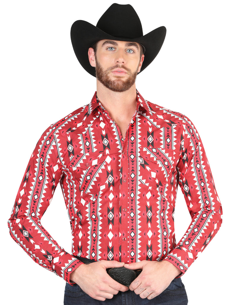 Camisa Vaquera de Hombre El Señor de los Cielos Manga Larga Broche Casual en 97% Algodón 3% Lycra Color Rojo 44401