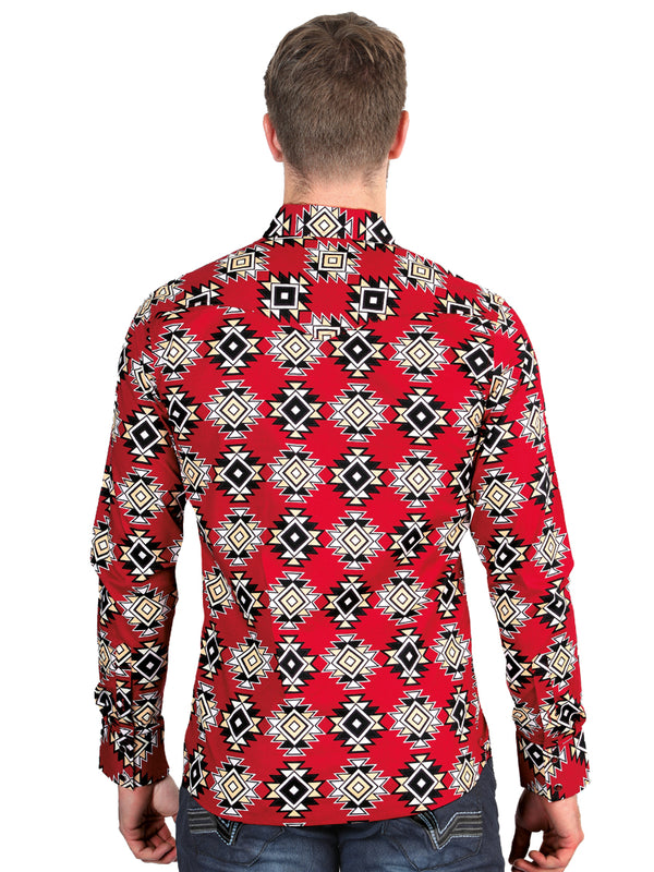 Camisa Vaquera de Hombre El Señor de los Cielos Manga Larga Broche Casual en 97% Algodón 3% Lycra Color Rojo 44404