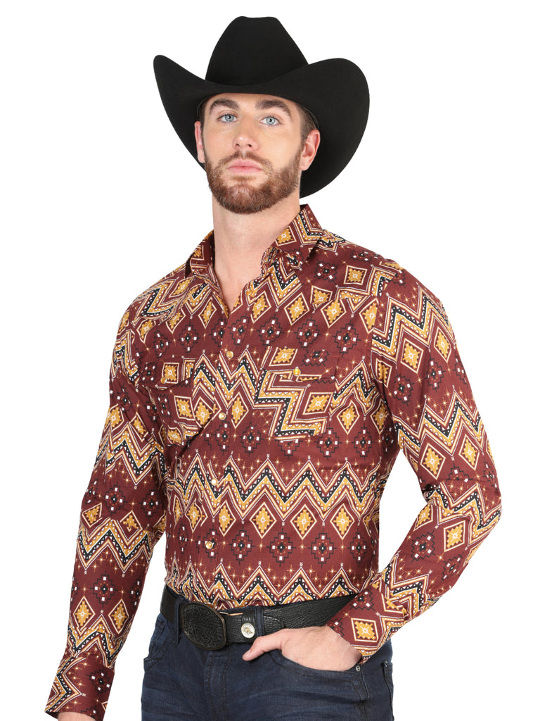 Camisa Vaquera de Hombre El Señor de los Cielos Manga Larga Broche Casual en 97% Algodón 3% Lycra Color Vino 44430
