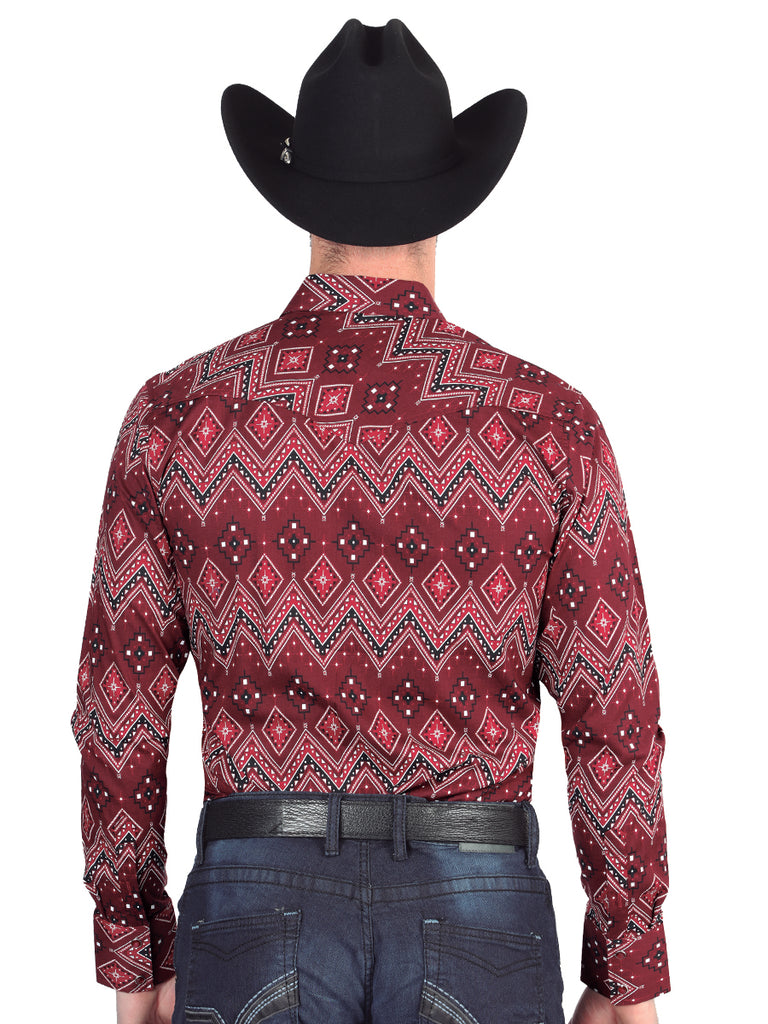 Camisa Vaquera de Hombre El Señor de los Cielos Manga Larga Broche Casual en 97% Algodón 3% Lycra Color Vino 44431