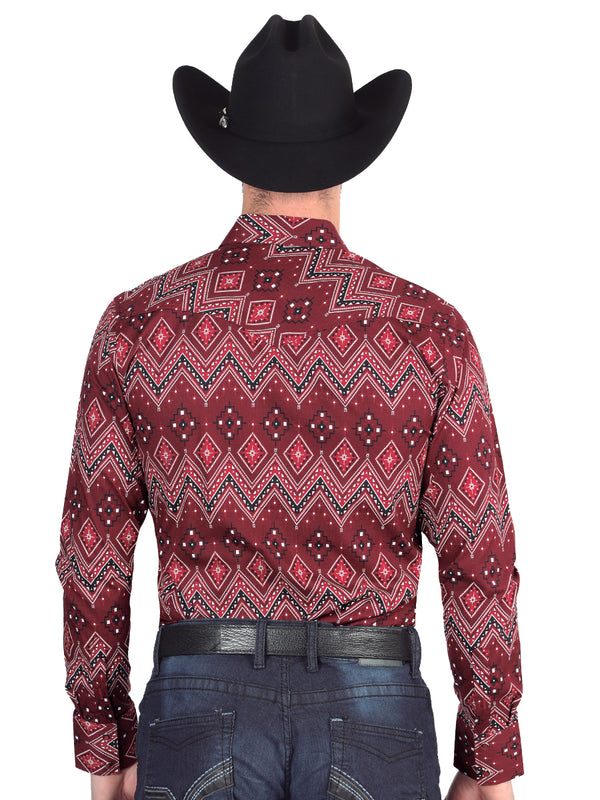 Camisa Vaquera de Hombre El Señor de los Cielos Manga Larga Broche Casual en 97% Algodón 3% Lycra Color Vino 44431