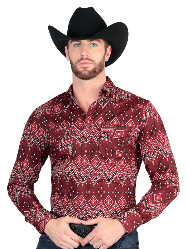 Camisa Vaquera de Hombre El Señor de los Cielos Manga Larga Broche Casual en 97% Algodón 3% Lycra Color Vino 44431