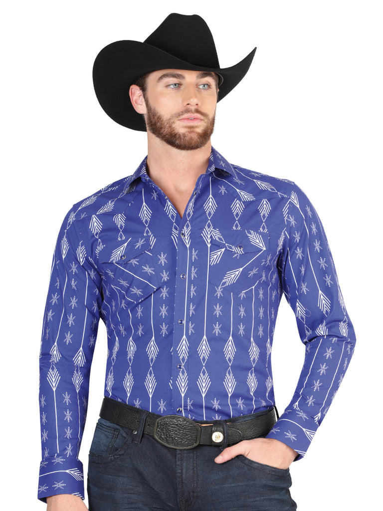 Camisa Vaquera de Hombre El Señor de los Cielos Manga Larga Broche Casual en 97% Algodón 3% Lycra Color Azul/Blanco 44434