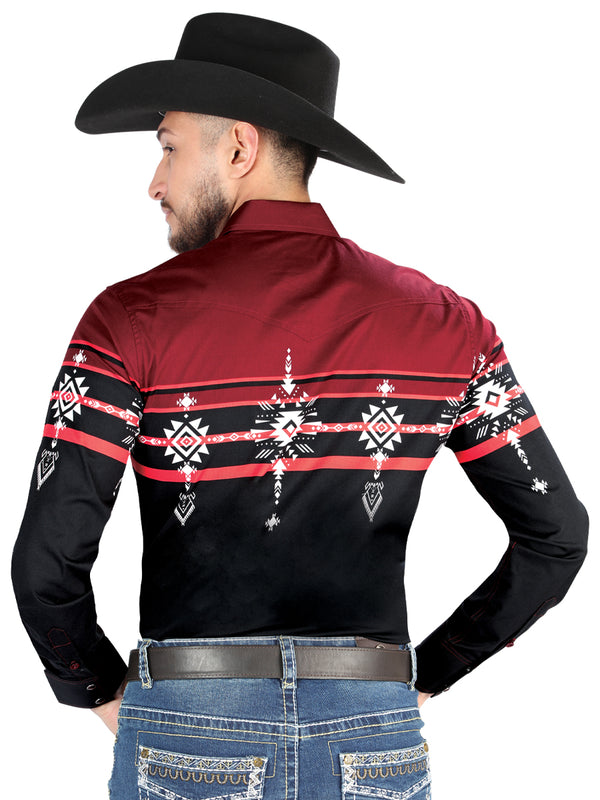 Camisa Vaquera de Hombre El Señor de los Cielos Manga Larga Broche Casual en 97% Algodón 3% Lycra Color Negro/Vino 44454