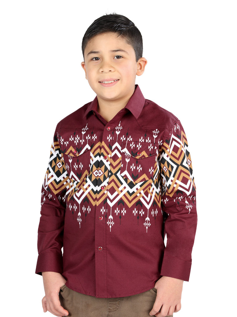 Camisa Vaquera de Niño El Señor de los Cielos Manga Larga Broche Casual en 97% Algodón 3% Lycra Color Vino 44465