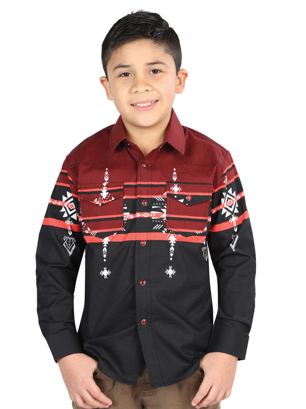 Camisa Vaquera de Niño El Señor de los Cielos Manga Larga Broche Casual en 97% Algodón 3% Lycra Color Negro/Vino 44469
