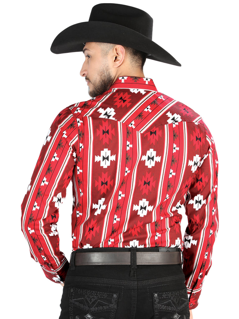 Camisa Vaquera de Hombre El Señor de los Cielos Manga Larga Broche Casual en 97% Algodón 3% Lycra Color Rojo 44472