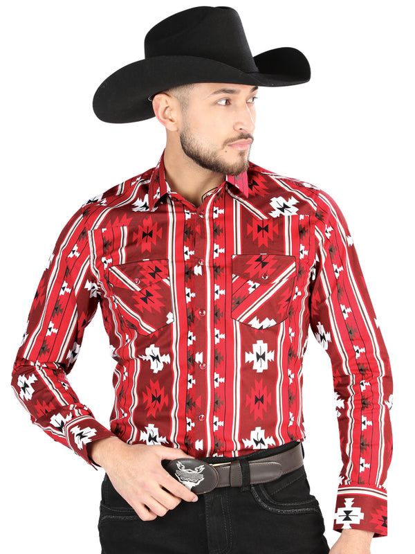 Camisa Vaquera de Hombre El Señor de los Cielos Manga Larga Broche Casual en 97% Algodón 3% Lycra Color Rojo 44472
