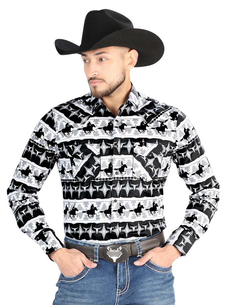 Camisa Vaquera de Hombre El Señor de los Cielos 23-55 Manga Larga Broche en 97% Algodón 3% Lycra Color Negro 44483