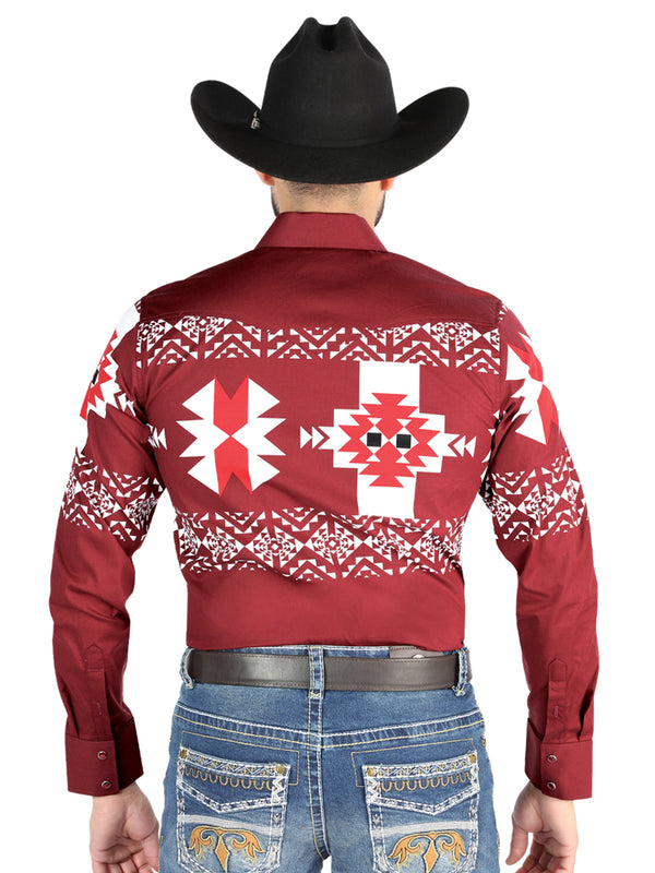 Camisa Vaquera de Hombre El Señor de los Cielos Manga Larga Broche Casual en 97% Algodón 3% Lycra Color Vino 44484