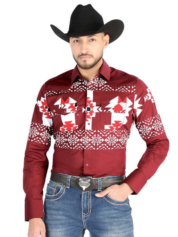 Camisa Vaquera de Hombre El Señor de los Cielos Manga Larga Broche Casual en 97% Algodón 3% Lycra Color Vino 44484