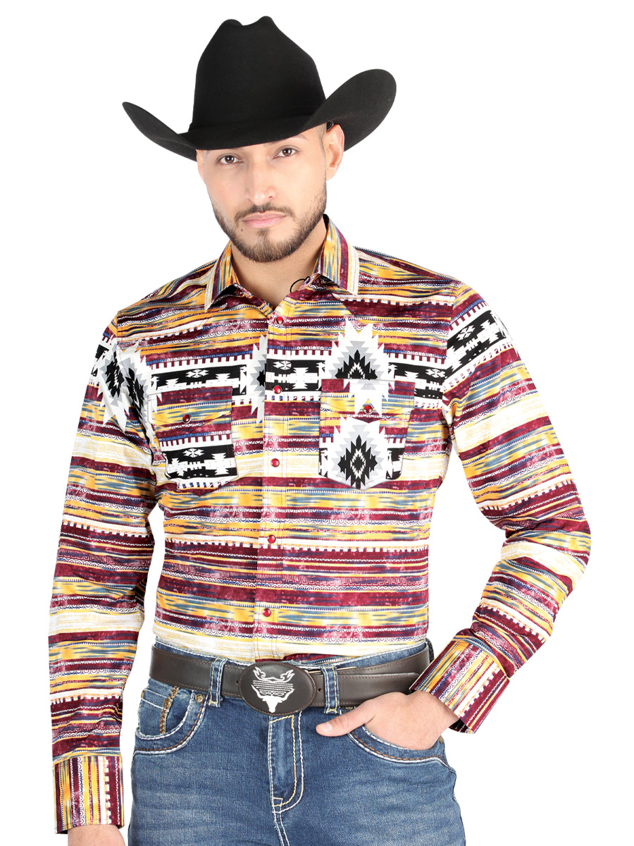 Camisa Vaquera de Hombre El Señor de los Cielos Manga Larga Broche Casual en 97% Algodón 3% Lycra Color Café 44487