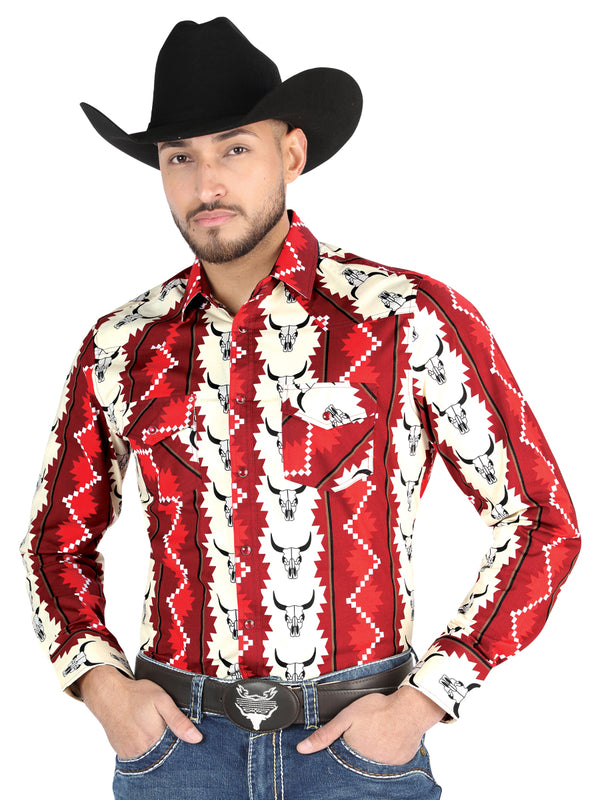 Camisa Vaquera de Hombre El Señor de los Cielos Manga Larga Broche Casual en 97% Algodón 3% Lycra Color Vino 44490