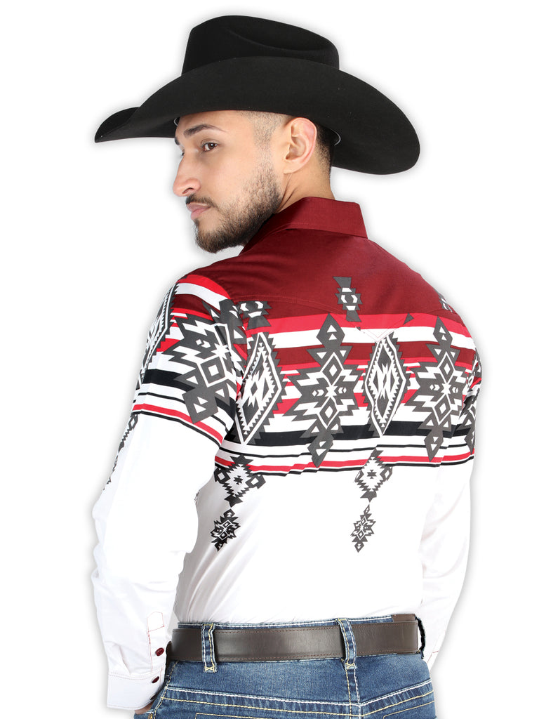 Camisa Vaquera de Hombre El Señor de los Cielos Manga Larga Broche Casual en 97% Algodón 3% Lycra Color Vino 44497