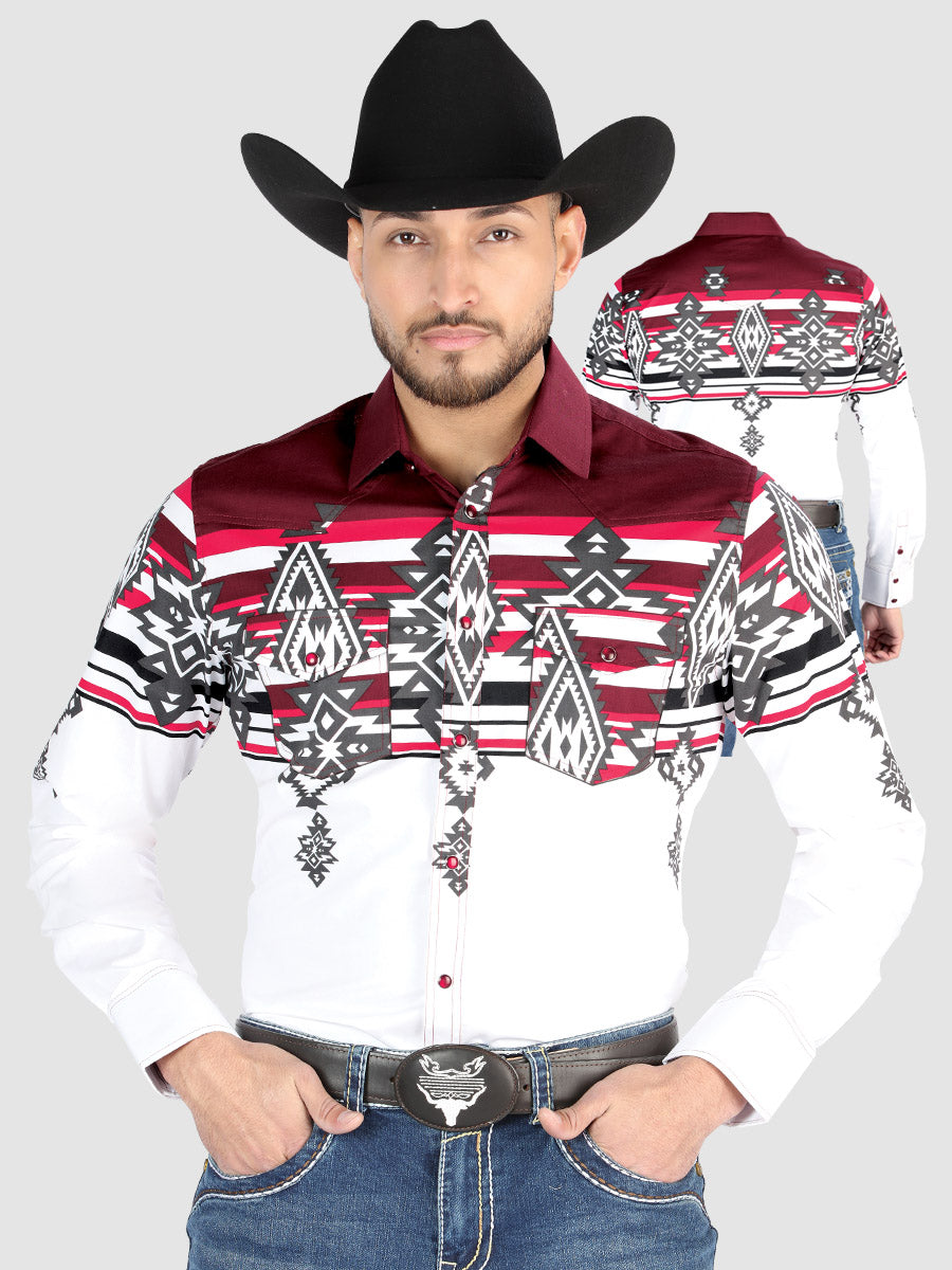 Camisa Vaquera de Hombre El Señor de los Cielos Manga Larga Broche Casual en 97% Algodón 3% Lycra Color Vino 44497