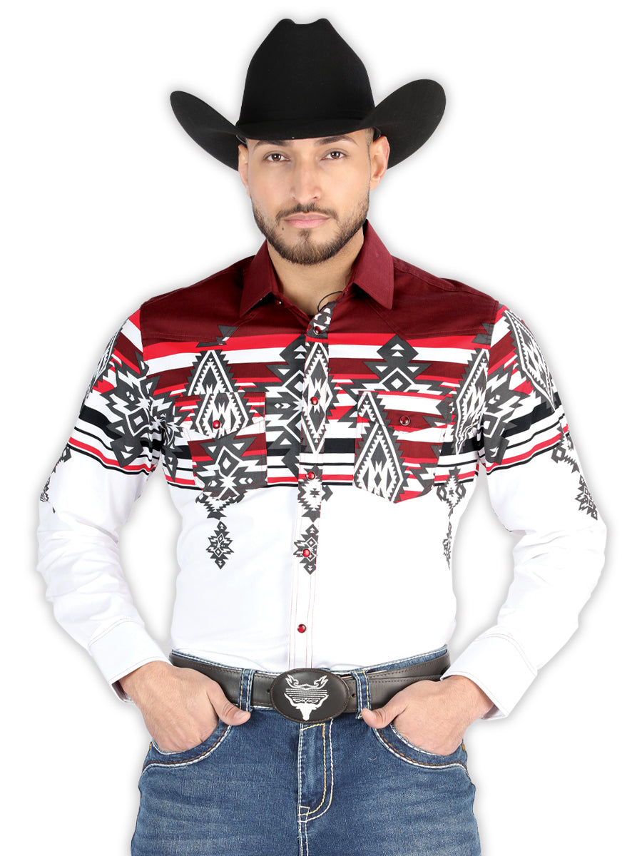 Camisa Vaquera de Hombre El Señor de los Cielos Manga Larga Broche Casual en 97% Algodón 3% Lycra Color Vino 44497
