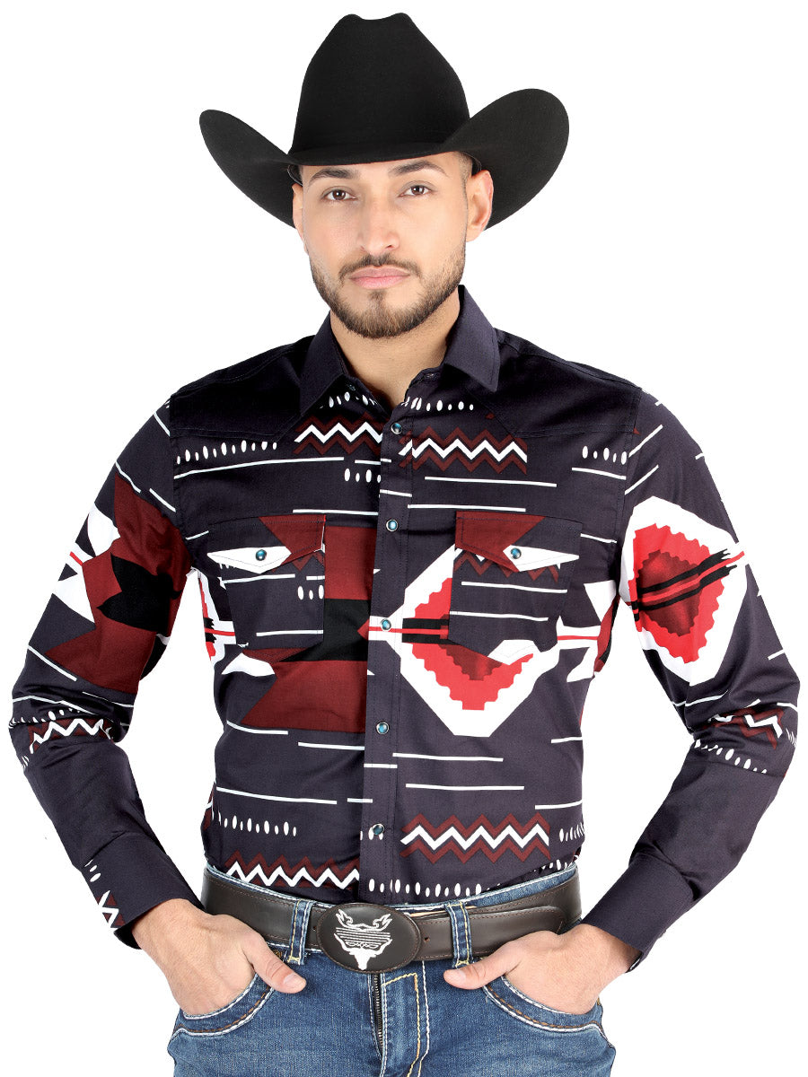 Camisa Vaquera de Hombre El Señor de los Cielos Manga Larga Broche Casual en 97% Algodón 3% Lycra Color Negro/Vino 44498