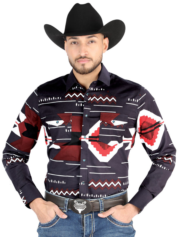 Camisa Vaquera de Hombre El Señor de los Cielos Manga Larga Broche Casual en 97% Algodón 3% Lycra Color Negro/Vino 44498