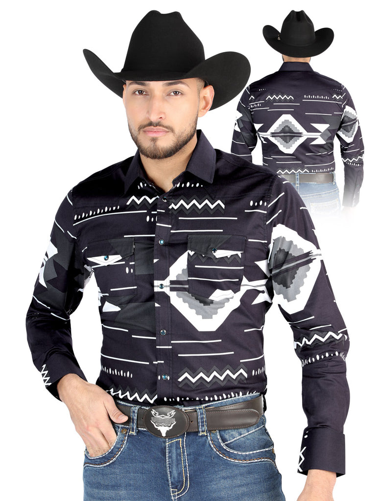 Camisa Vaquera de Hombre El Señor de los Cielos Manga Larga Broche Casual en 97% Algodón 3% Lycra Color Negro 44500