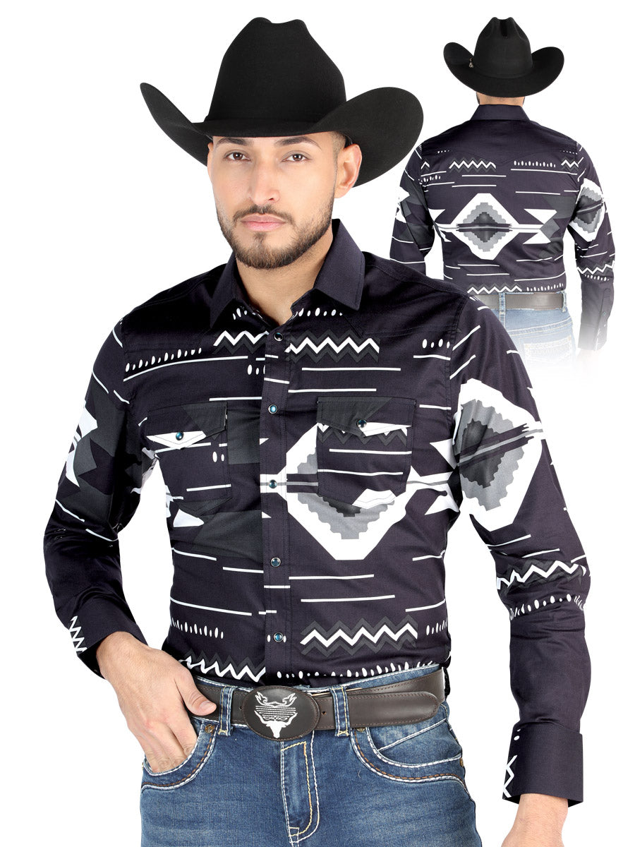 Camisa Vaquera de Hombre El Señor de los Cielos Manga Larga Broche Casual en 97% Algodón 3% Lycra Color Negro 44500