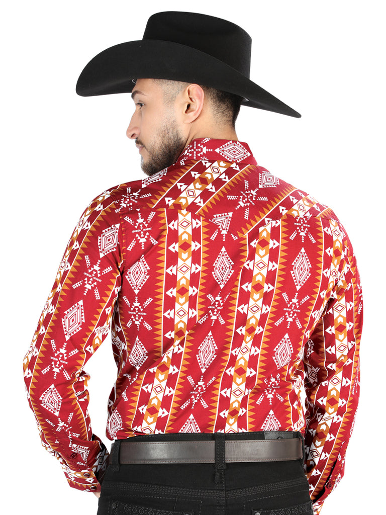 Camisa Vaquera de Hombre El Señor de los Cielos Manga Larga Broche Casual en 97% Algodón 3% Lycra Color Vino 44503