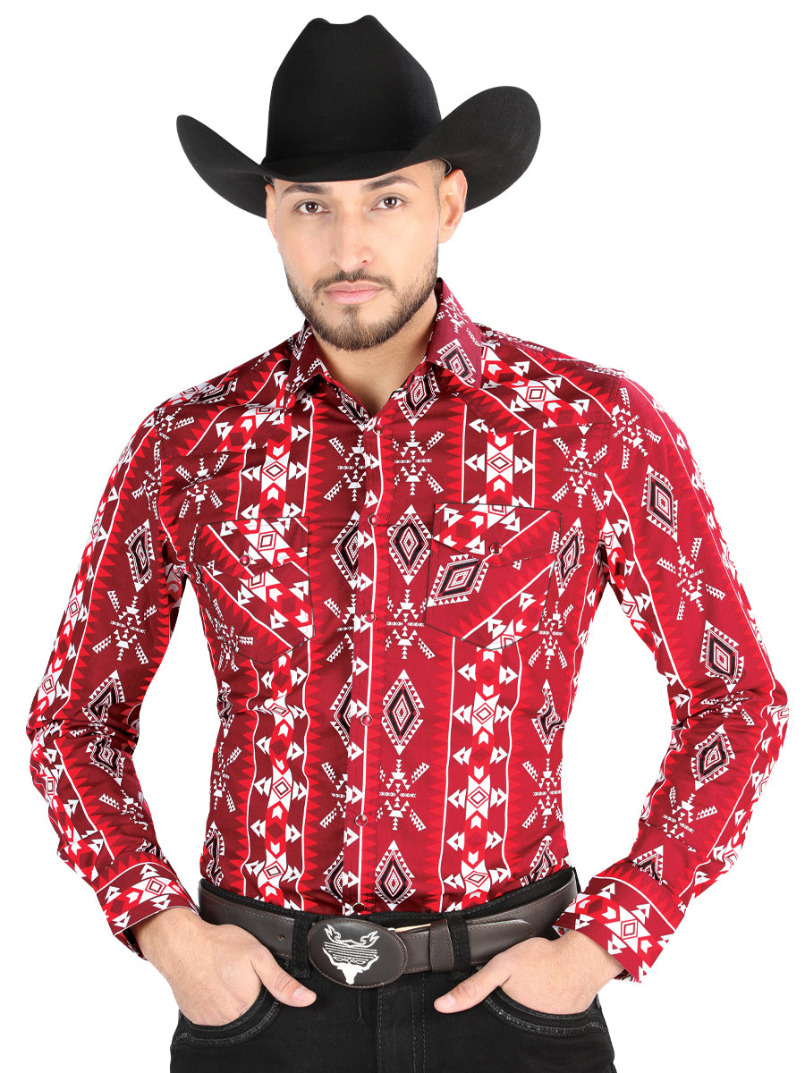Camisa Vaquera de Hombre El Señor de los Cielos Manga Larga Broche Casual en 97% Algodón 3% Lycra Color Rojo 44504