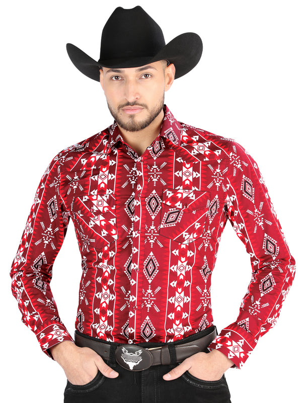 Camisa Vaquera de Hombre El Señor de los Cielos Manga Larga Broche Casual en 97% Algodón 3% Lycra Color Rojo 44504